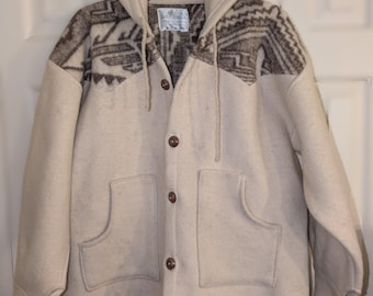 Vintage Women's Wool Coat by Manana Brothers Hooded Cream/Brown Navajo Design –Large 12-14