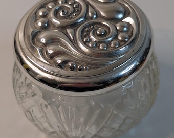 Vintage Avon Vanity Jar: Embossed Glass Trinket Pot with Silver-tone Lid