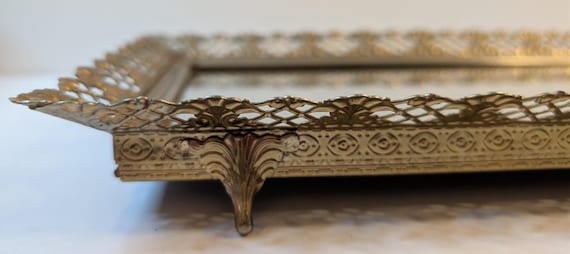 Vintage Vanity Perfume Mirror Tray Footed Gold-toned Filigree Rectangular