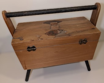 Vintage 1950s Wooden Sewing Box Worker | Handmade Legs | Hinged | Portable | 12&quot;L x 10&quot;H