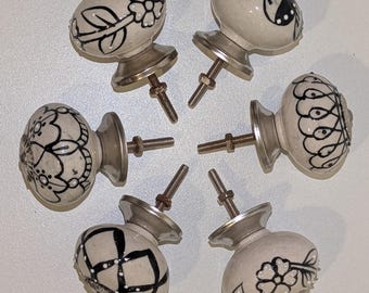 Vintage Drawer Pull Knobs Ivory & Black Hand Painted India Shabby Chic -Set of 6