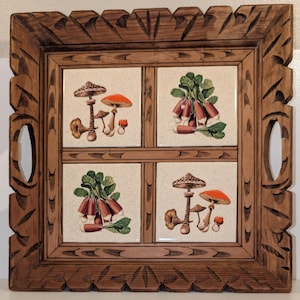 Hand Carved Decorative Wood Serving Tray with Hand Painted Ceramic Tile Inlays | Mushrooms and Radishes | Mexico |  Vintage 1970s Boho