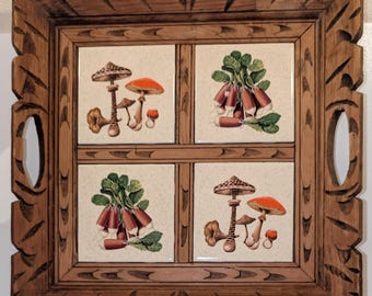 Vintage Hand Carved Wood Tray: Mushroom & Radish Ceramic Tile Inlays