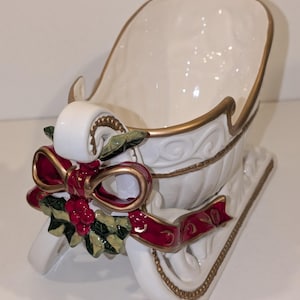 Christmas Sleigh Tabletop Centerpiece | Red Ribbon & Gold Trim | Porcelain | Home Accents
