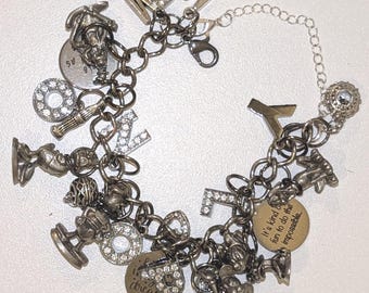 Disney Mickey & Minnie Mouse Dangle Charm Bracelet - 23 Charms - Chunky Silver-Tone -8"