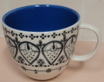 Anthropologie Coffee Cup Lina Pattern Hand Painted Black White Stoneware Coffee Mug - Blue Interior