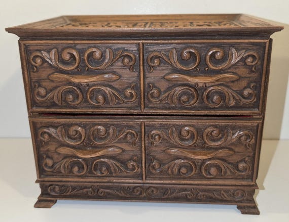 Vintage 1970s Lerner Mellville Jewelry Box: Faux Wood Plastic Chest