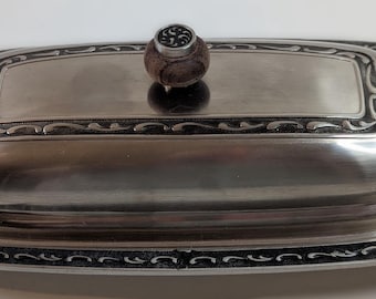 Vintage Oneida Mediterranea Covered Butter Dish Wood Knob Scroll Pattern Stainless Steel Japan MCM