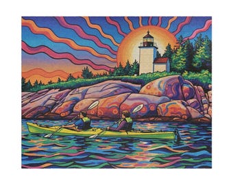 May include: A colourful jigsaw puzzle showing a coastal scene with two yellow kayaks on the water. A lighthouse sits on a rocky shore under a vibrant sunset. The puzzle features a psychedelic art style with swirling colours.