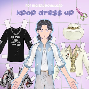 Può includere: Illustrazione digitale di una bambola di carta Kpop da vestire con vari outfit. Include una maglietta nera con la scritta "THE EARTH IS FLAT. DIDN'T YOU KNOW THAT?", una giacca azzurra, un cappello da cowboy bianco e un blazer bianco.