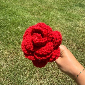 May include: A handmade, vibrant red crochet rose. The flower is held against a backdrop of green grass. The rose is a detailed, textured craft item, perfect for gifting or decoration.