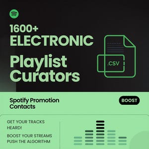 Puede incluir: Gráfico promocional de Spotify con el logotipo de Spotify, el texto "1600+ ELECTRONIC Playlist Curators" y un icono de archivo .CSV. El texto adicional incluye "Spotify Promotion Contacts", "Get Your Tracks Heard!" y "Boost Your Streams."
