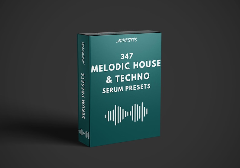 May include: A teal box with the text "347 MELODIC HOUSE & TECHNO SERUM PRESETS" in white. The word "Addictive" is at the top in a script font. A sound wave graphic is at the bottom. The words "SERUM PRESETS" are on the side.
