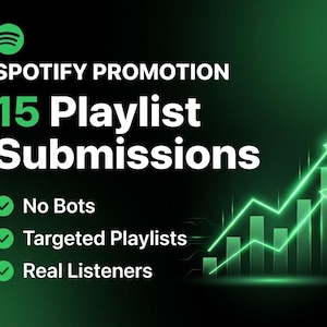 May include: A digital graphic promoting Spotify playlist submissions. The image features the Spotify logo, the text "Spotify Promotion," and "15 Playlist Submissions" in white and green. Additional text includes "No Bots," "Targeted Playlists," and "Real Listeners."
