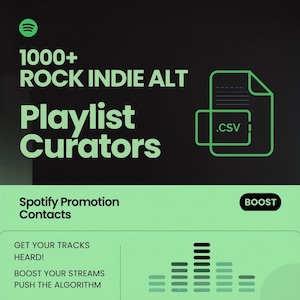 以下が含まれることがあります： Spotifyのロゴ、テキスト「1000+ Rock Indie Alt Playlist Curators」、.CSVファイルアイコンが特徴のプロモーション用グラフィック。グラフィックには「Spotify Promotion Contacts」や「Get Your Tracks Heard!」などの行動喚起も含まれています。