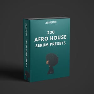 May include: A teal blue box with white text that reads "Addictive 230 Afro House Serum Presets". The box features a silhouette of a person with an afro.