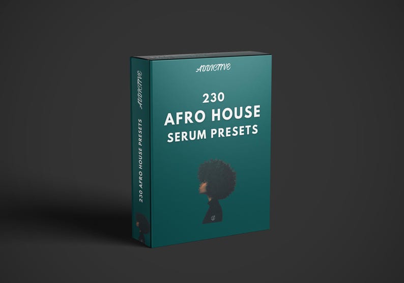 May include: A teal blue box with white text that reads "Addictive 230 Afro House Serum Presets". The box features a silhouette of a person with an afro.