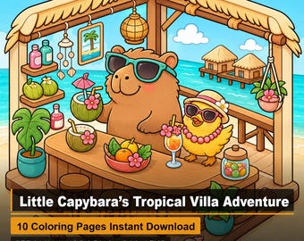 Páginas para colorear de la aventura en la villa tropical del pequeño capibara / Dibujos lineales en PDF / Relajación para niños y adultos