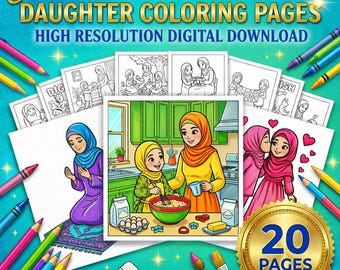 Dibujos para colorear de madre e hija musulmanas, libro de actividades islámicas para niños, ilustraciones de niñas con hiyab, regalo de Eid para niños, descarga digital en PDF.