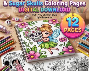Dibujos para colorear de hadas espeluznantes y adorables, libro para colorear de calaveras de azúcar para adultos, hada gótica imprimible, arte lineal primaveral espeluznante, esqueleto floral (PDF/JPG)
