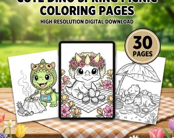 Dibujos para colorear de un picnic primaveral con dinosaurios adorables, libro de actividades de primavera para niños, arte kawaii de dinosaurios bebés, PDF imprimible para preescolares, descarga digital.
