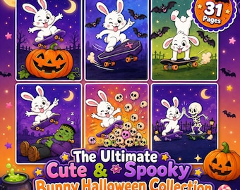 Dibujos para colorear de conejitos adorables para Halloween - Libro de actividades imprimible de conejitos adorables y espeluznantes para niños - Descarga digital de conejitos patinadores