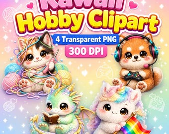 Paquete de imágenes prediseñadas de animales kawaii, perro gamer lindo PNG, gatito de ganchillo, dragón ratón de biblioteca, unicornio del orgullo, PNG transparente, pegatina digital