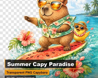 Imágenes prediseñadas PNG de Summer Capy Paradise / Estilo Kawaii / Pegatinas digitales para niños