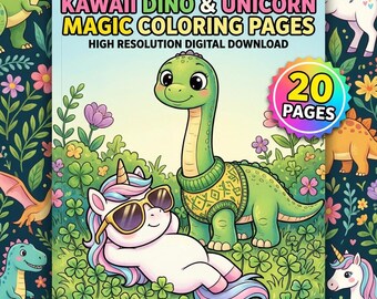 20 adorables páginas para colorear de dinosaurios y unicornios, libro de actividades kawaii para niños, PDF imprimible de amigos mágicos, descarga digital de fantasía
