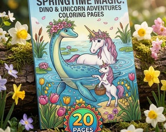20 páginas para colorear de dinosaurios y unicornios de primavera, libro de actividades de Pascua para niños, PDF imprimible de animales mágicos, descarga digital de fantasía adorable