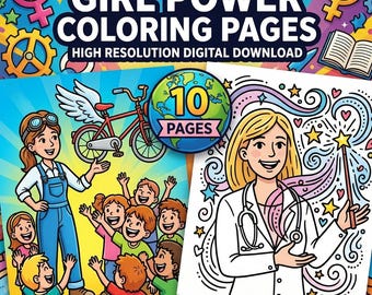 10 páginas para colorear sobre el empoderamiento femenino, libro de actividades sobre carreras para mujeres, arte feminista para niñas, descarga digital para futuras líderes, PDF para niñas en ciencia, tecnología, ingeniería y matemáticas (STEM).