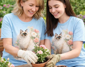 Imágenes prediseñadas de gato himalayo en acuarela, PNG de sublimación felina floral, arte botánico de mascotas Ragdoll para impresión bajo demanda, descarga digital para uso comercial.