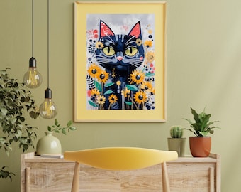 Lámina decorativa moderna de un gato negro con girasoles (imprimible/descarga digital) para amantes de los gatos