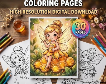 Lindas páginas para colorear de hadas abeja, arte fantástico de jardín primaveral para niños, PDF imprimible de hadas kawaii, libro de actividades de descarga digital.