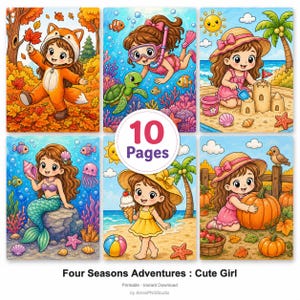 May include: Six vibrant illustrations of a cute girl in different seasonal scenes. The images show the girl in a fox costume, snorkeling, building a sandcastle, as a mermaid, with ice cream, and with pumpkins. The text reads "10 Pages".
