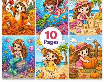 Dibujos para colorear de las estaciones para niñas, libro de actividades de aventuras de verano y otoño, PDF imprimible kawaii para niños, descarga digital de sirenas y naturaleza.