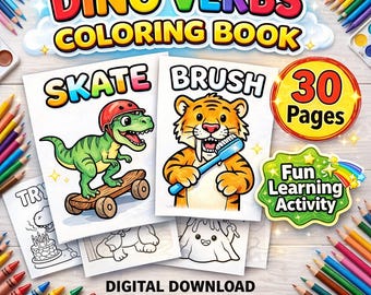 Dino Verbs Coloring Pages | Dinosaur Adventure Verb Sheets | Pre-K Activity | Digital Download PDF | Preschool Teacher Resources