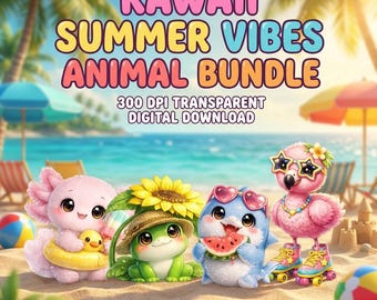 Imágenes prediseñadas de animales de verano kawaii, lindo ajolote, tiburón y flamenco PNG, sublimación para vacaciones infantiles en la playa, diseño para fiestas en la piscina, uso comercial.