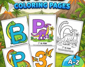 Dibujos para colorear de dinosaurios para niños, alfabeto de la A a la Z y números del 0 al 9, hojas de trabajo imprimibles, actividad para niños pequeños, libro del abecedario de dinosaurios para la educación en casa.