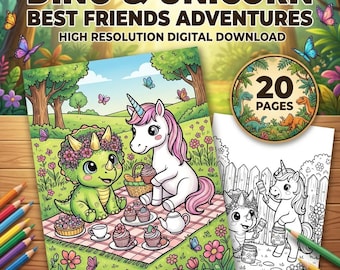 20 páginas para colorear de dinosaurios y unicornios, libro de actividades para niños "Amigos Mágicos", PDF imprimible de fantasía adorable, arte digital kawaii para descargar.