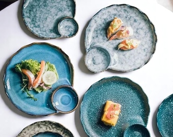Handmade Japanese Ceramic Dinner Plates with Sauce Dish | Wabi-Sabi Sushi Plates | Unique Glazed Pottery Plates | Artisan Tableware Set