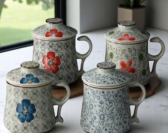 Handmade Japanese Ceramic Tea Mug with Lid – Floral Infuser Style