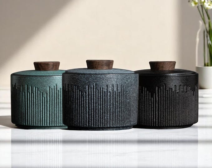 Handmade Wabi Sabi Ceramic Jar – Minimalist Tea Canister with Wood Lid