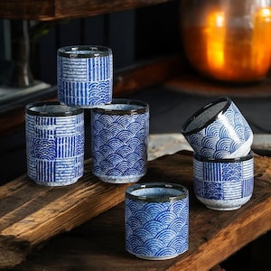 Handmade Japanese Ceramic Cups - Blue Wave Yunomi Tea Cups- Coffee Mug - Wabi Sabi Pottery- Rustic Sake Glasses- Traditional Matcha Gift Set