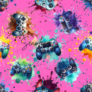 May include: A bright pink pattern with watercolour-style game controllers in shades of blue, red, and green, interspersed with colourful paint splatters. The word "Seam" is written in cursive across the image.
