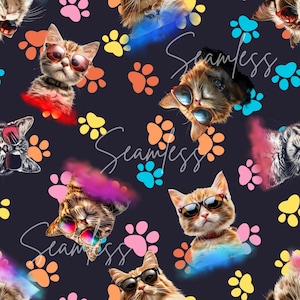 May include: A seamless pattern featuring colorful paw prints and cats wearing sunglasses. The cats are in various poses and have different colored fur. The background is a dark blue color.