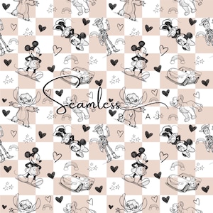 May include: A seamless pattern featuring cartoon characters like Mickey Mouse, Stitch, and Woody, along with hearts, rainbows, and cars, set against a light pink and white checkered background. The word "Seamless" is written in cursive.
