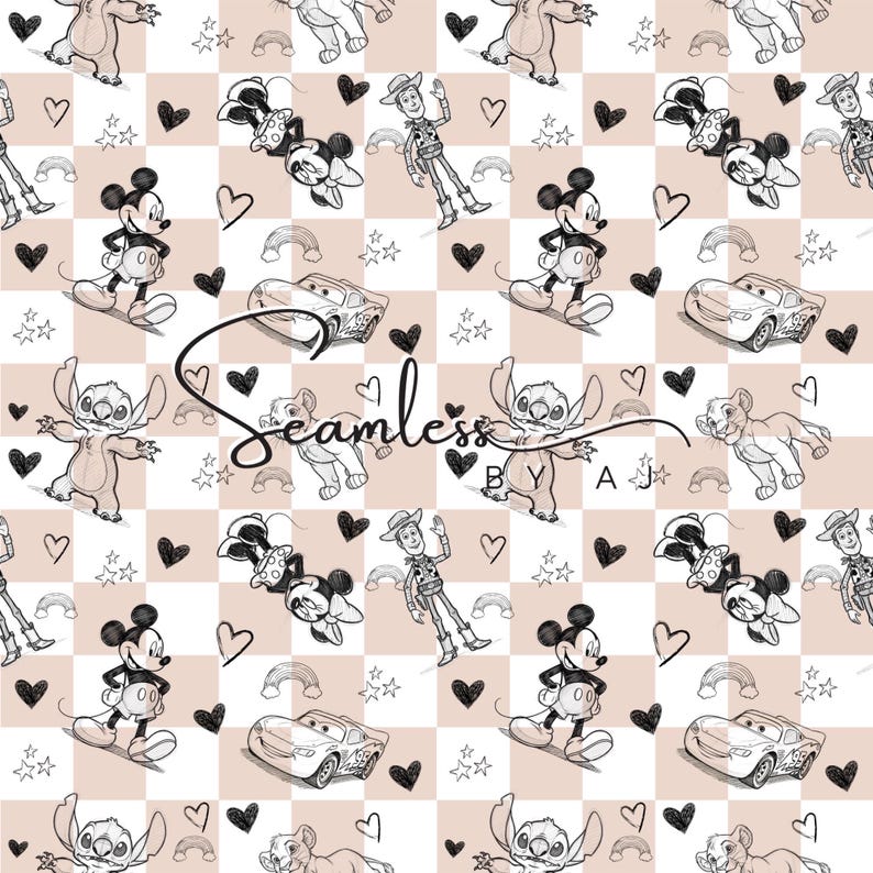 May include: A seamless pattern featuring cartoon characters like Mickey Mouse, Stitch, and Woody, along with hearts, rainbows, and cars, set against a light pink and white checkered background. The word "Seamless" is written in cursive.