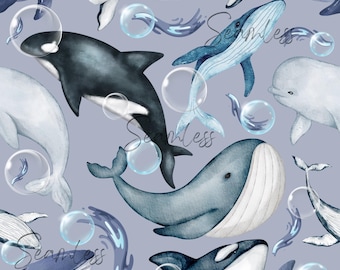 Patrón sin costuras de ballenas, tela oceánica, bajo el mar, diseño de ballenas, tela de sublimación