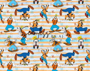 May include: A repeating pattern featuring the cartoon character Goofy in various poses. The design includes orange and blue stripes, stars, and the text "Seamless by AJ". Goofy is depicted in orange, blue, and brown clothing.